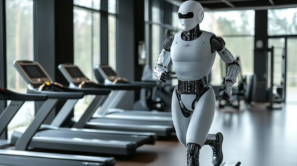 A sleek, futuristic gym with AI-powered tools and devices and AI Robot running on a threadmill seamlessly integrated to optimize workflow