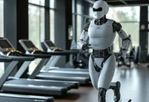 AI Productivity Tools to Optimize Workflow: Boosting Efficiency in the Digital Age AI Robot running on a threadmill in a gym symbolizing AI tools for productivity and workflow optimization for boosting efficiency in the digital age