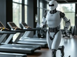 AI Robot running on a threadmill in a gym symbolizing AI tools for productivity and workflow optimization for boosting efficiency in the digital age