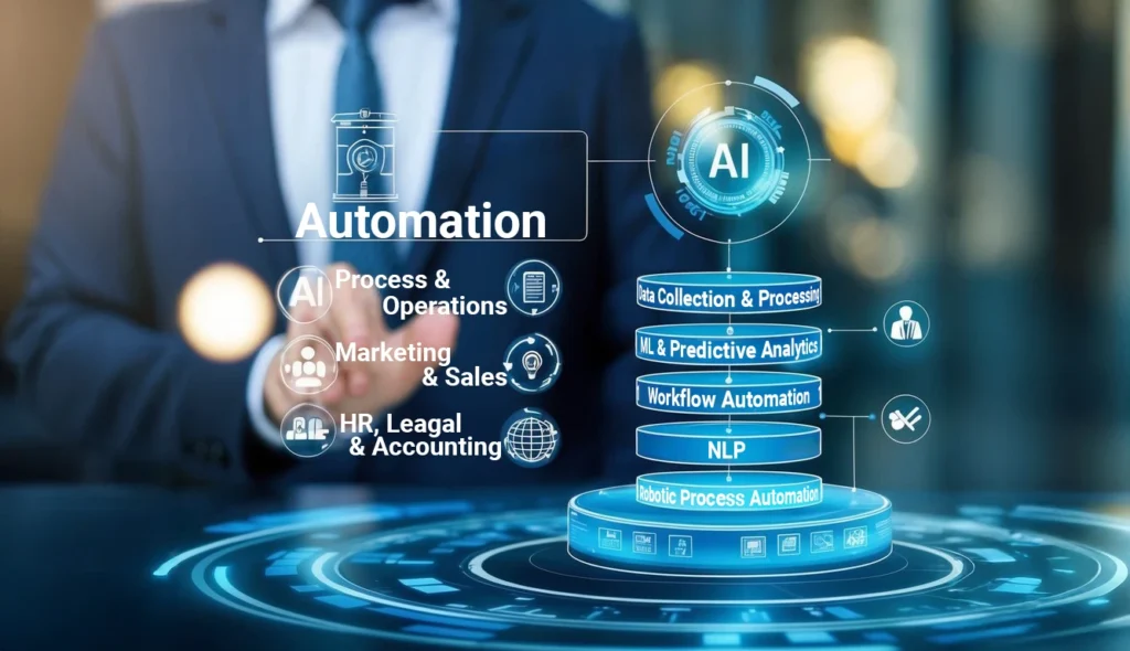 A sleek, modern tech stack diagram with AI components, surrounded by legal and ethical symbols and icons