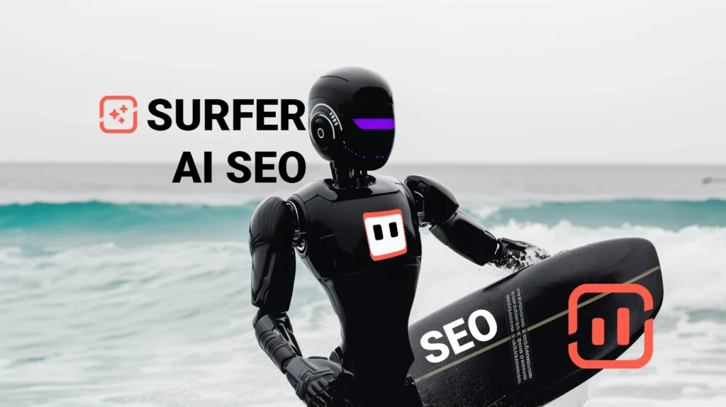 An AI Robot with a Surfboard and SEO writing representing the SurferSEO AI Tool