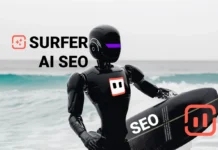 AI-Powered SurferSEO Tool Review: Can Automated SEO Yield Results? A Hands-On Experiment with Surprising Outcomes An AI Robot with a Surfboard and SEO writing representing the SurferSEO AI Tool