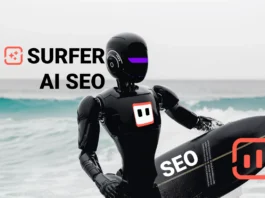 An AI Robot with a Surfboard and SEO writing representing the SurferSEO AI Tool