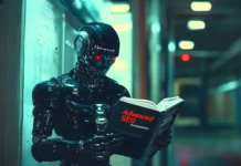 The Ultimate AI SEO Toolkit: Automate Your Way to the Top of SERP A futuristic AI robot reading a book titled "Advanced SEO Automation" with the intent to use these tools to climb to the top of a search engine results page