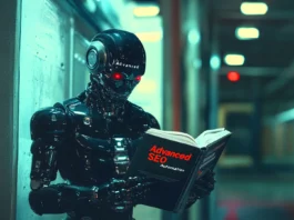 The Ultimate AI SEO Toolkit: Automate Your Way to the Top of SERP A futuristic AI robot reading a book titled "Advanced SEO Automation" with the intent to use these tools to climb to the top of a search engine results page