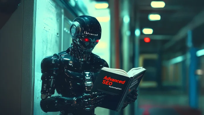 A futuristic AI robot reading a book titled "Advanced SEO Automation" with the intent to use these tools to climb to the top of a search engine results page