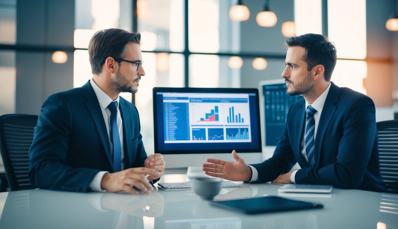 A modern office setting with two professionals discussing data on a computer screen