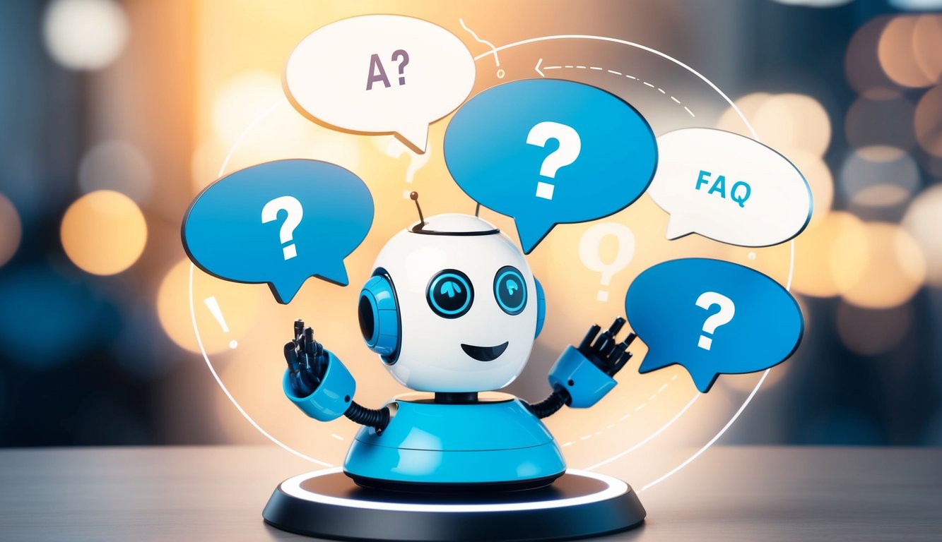 An AI chatbot surrounded by speech bubbles with question marks, representing a B2B FAQ interaction