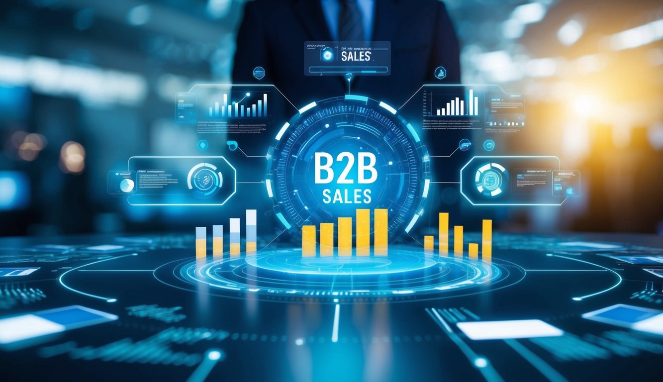 An AI algorithm analyzes data to optimize B2B sales, depicted through a futuristic, hi-tech interface with graphs, charts, and digital pathways