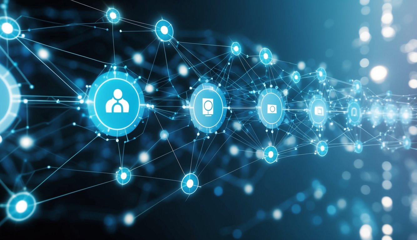 A network of interconnected nodes and data streams, with AI algorithms processing information for B2B applications