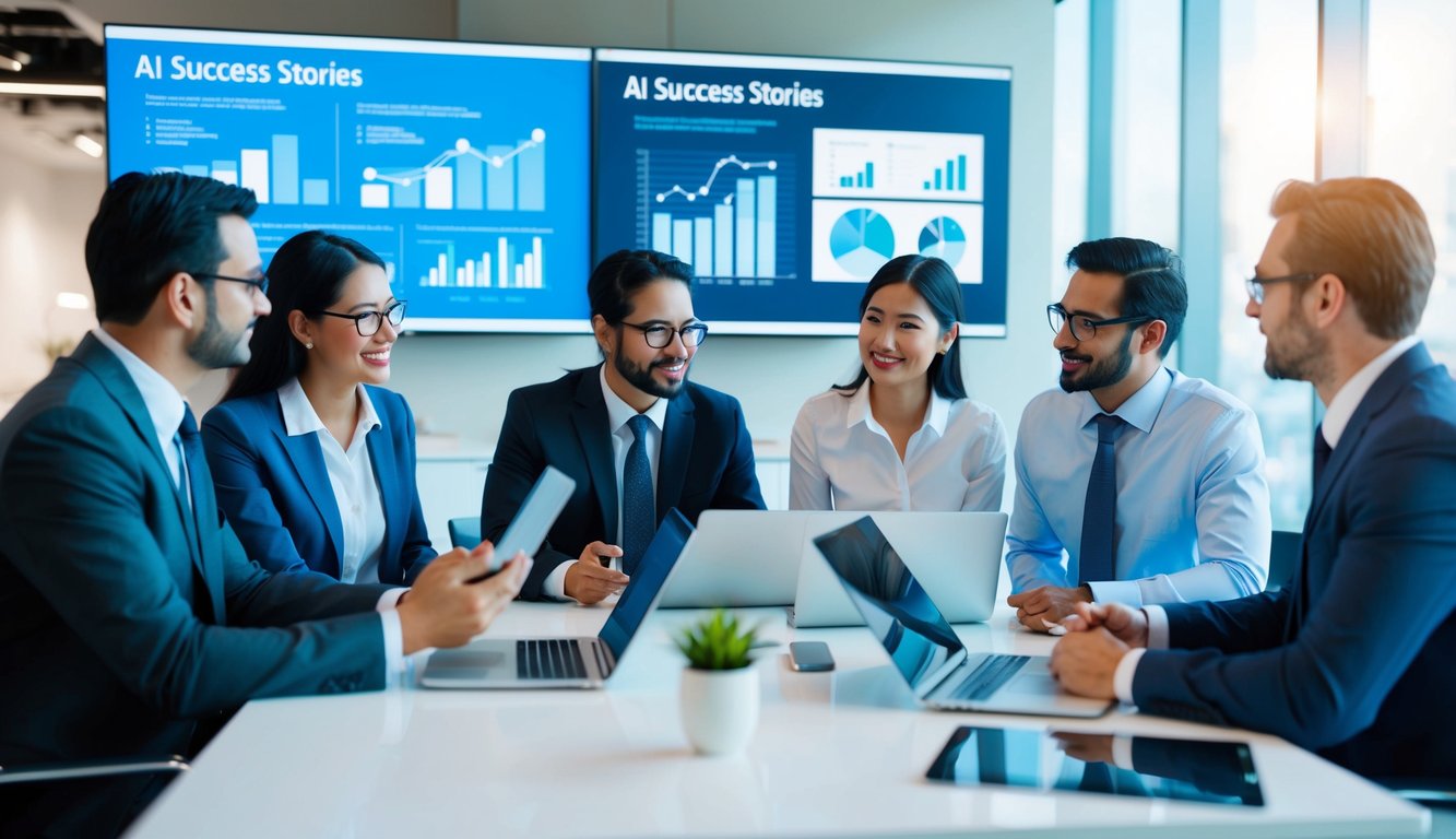 A group of business professionals discussing AI success stories in a modern office setting, with charts and graphs displayed on digital screens