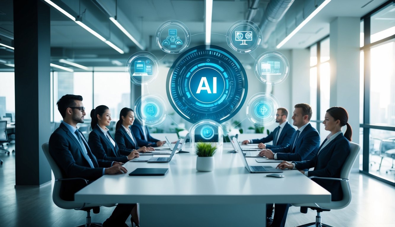 An AI algorithm streamlining B2B processes, with data flowing through interconnected networks and systems, increasing productivity and efficiency