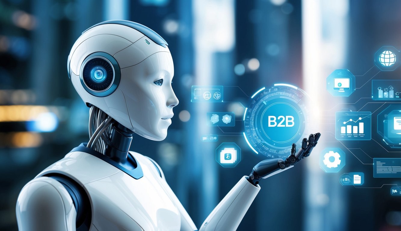 A futuristic AI-powered robot analyzes data and generates targeted marketing strategies for B2B companies