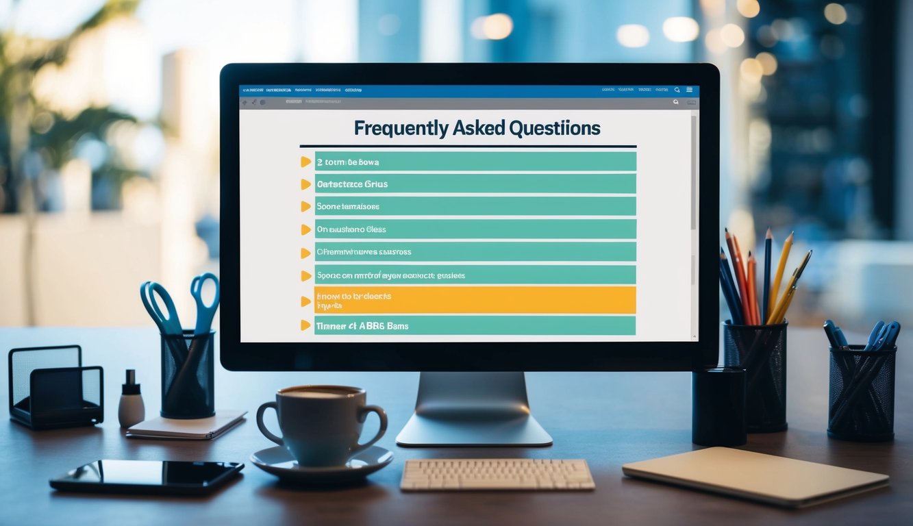 A computer screen displaying a webpage with a list of frequently asked questions related to B2B SaaS, surrounded by office supplies and a cup of coffee