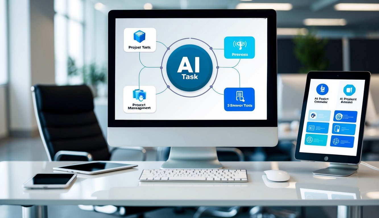 A sleek, modern office desk with a computer monitor displaying various AI task and project management tools. A tablet and smartphone sit alongside, all surrounded by a clean, organized workspace