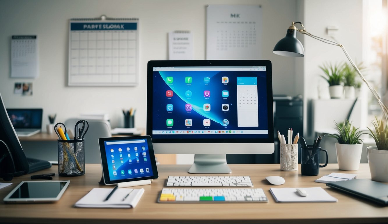 A desk with a computer, tablet, and smartphone surrounded by various office supplies and a calendar on the wall