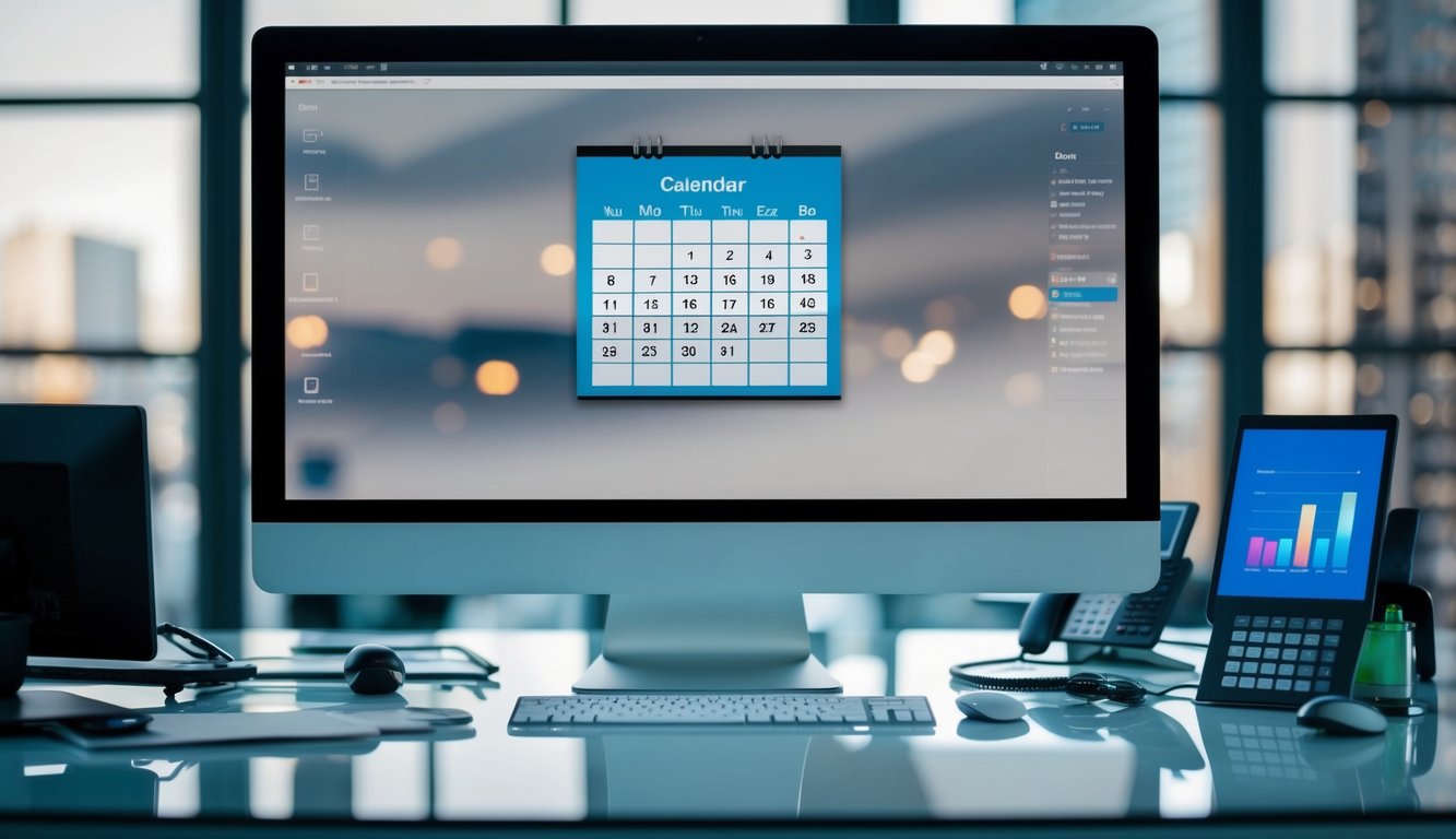 A sleek, modern office desk with a computer screen displaying a calendar app, surrounded by communication devices and productivity tools