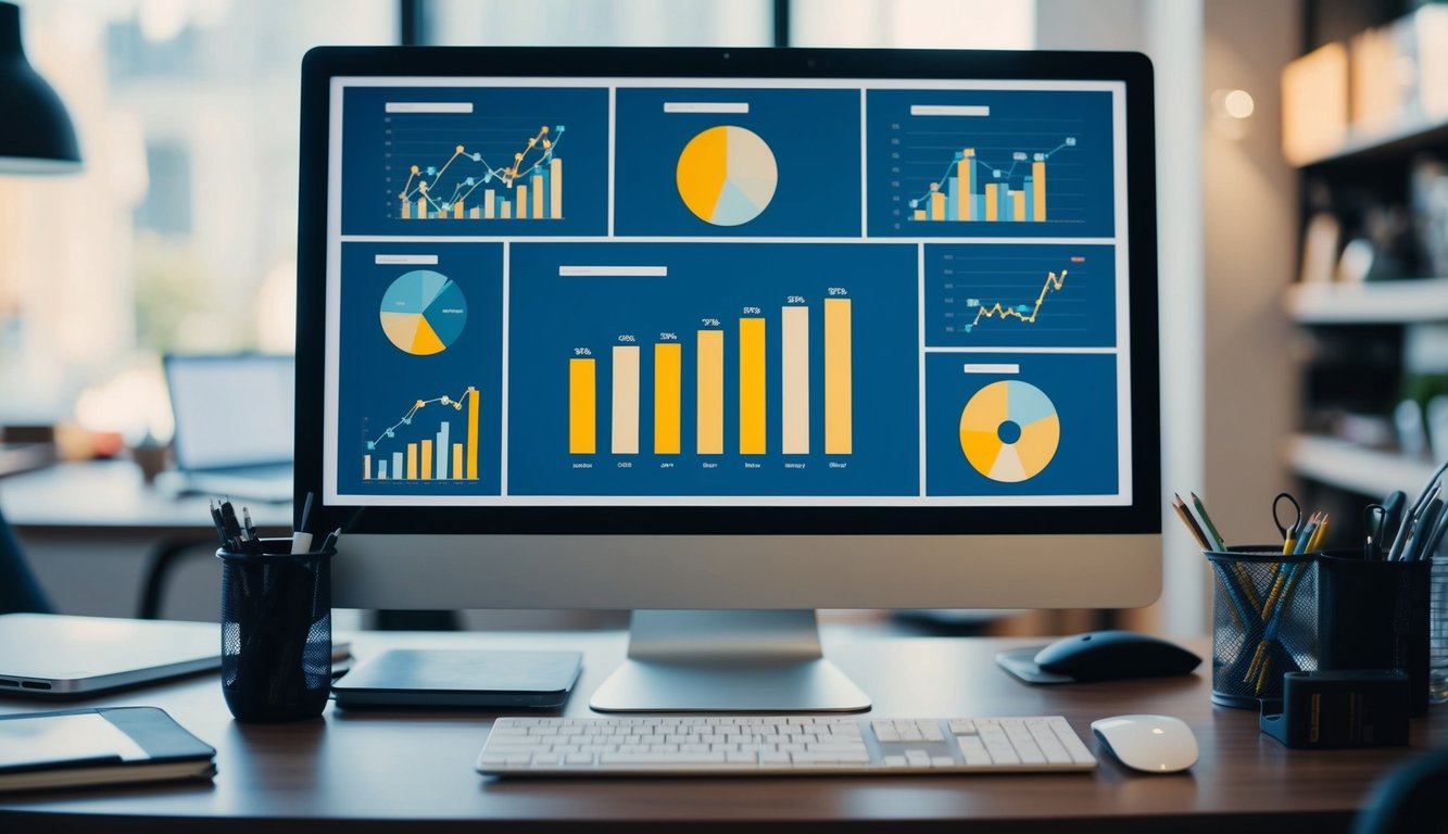 A group of interconnected digital devices and screens displaying various productivity and collaboration tools, with AI algorithms optimizing workflow