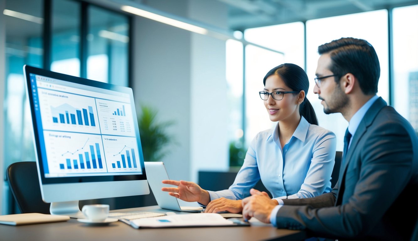 A modern office with two professionals discussing financial reports and graphs on a computer screen