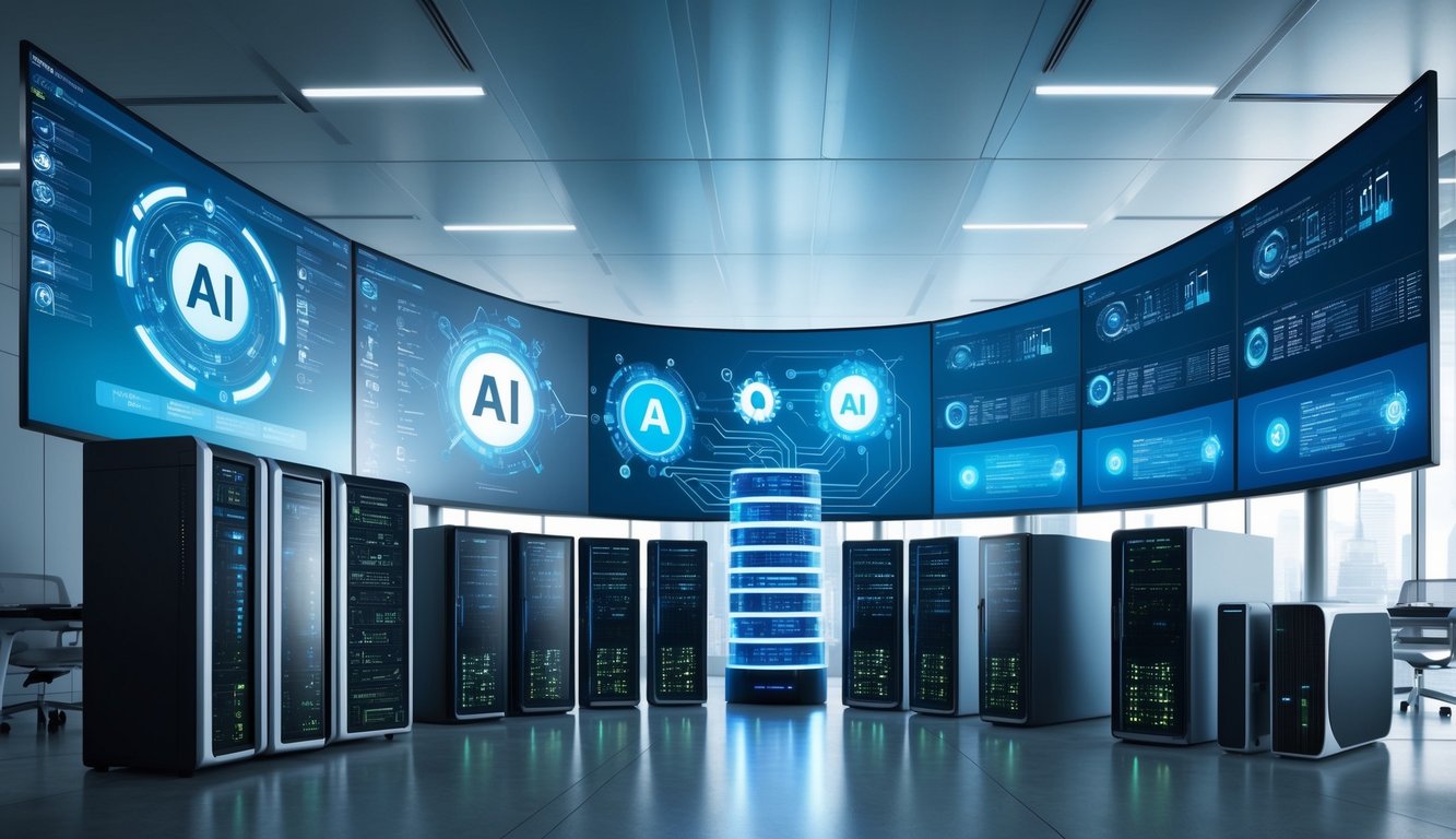 A futuristic office space with AI models and machine learning algorithms displayed on digital screens, surrounded by a tech stack of servers and computer equipment