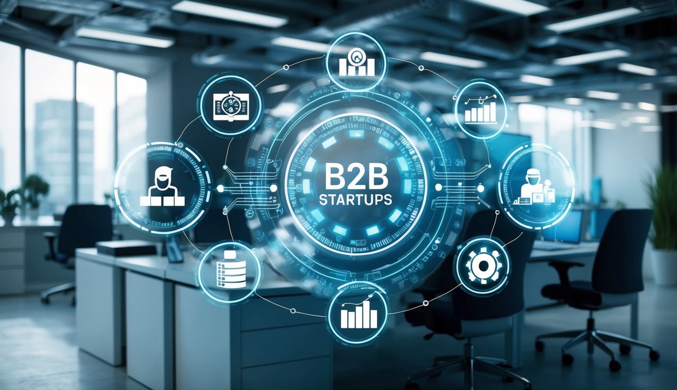 A futuristic office setting with interconnected technology and data flowing between various AI components for B2B startups