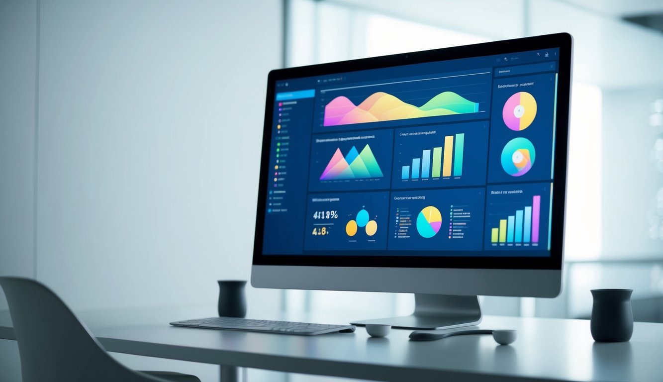 A computer screen displays a sleek, futuristic interface with colorful graphs and data visualizations, surrounded by a minimalist, high-tech workspace