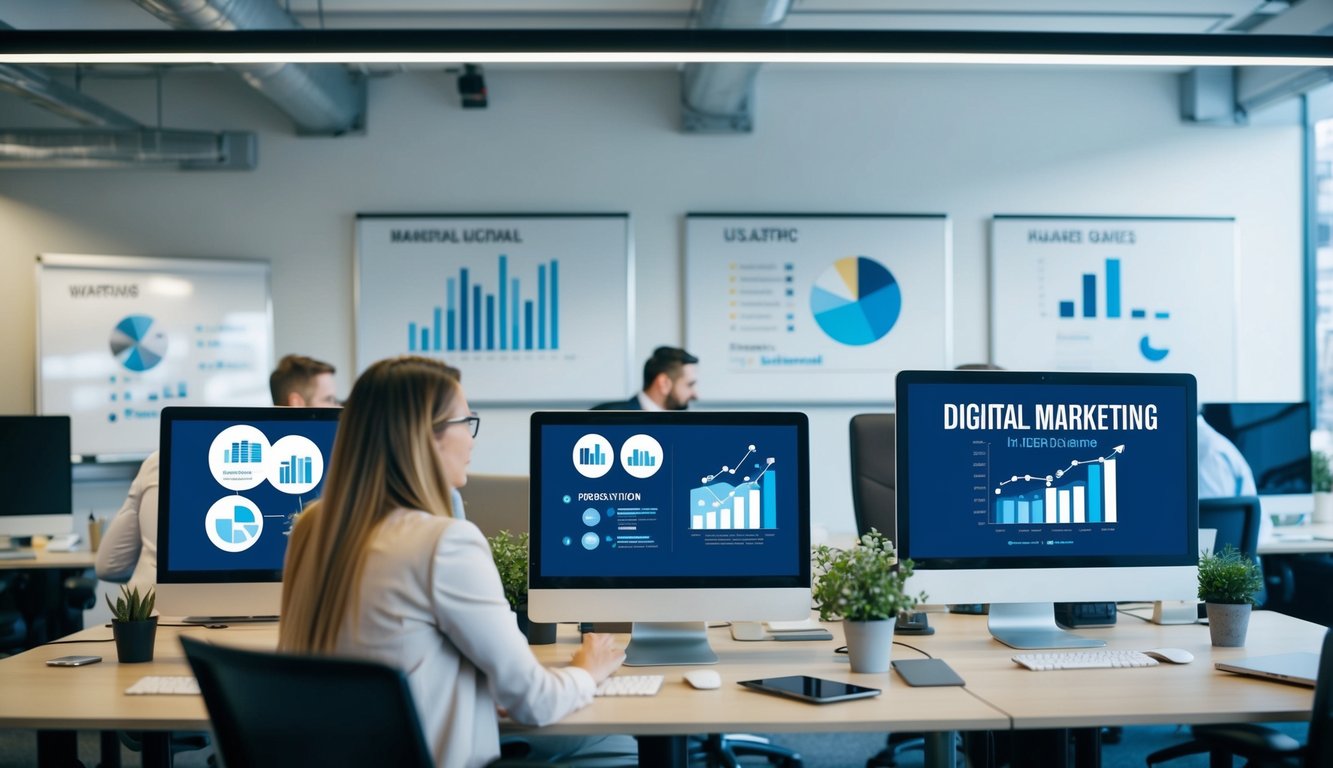 A bustling office with digital marketing materials, charts, and graphs displayed on computer screens and whiteboards