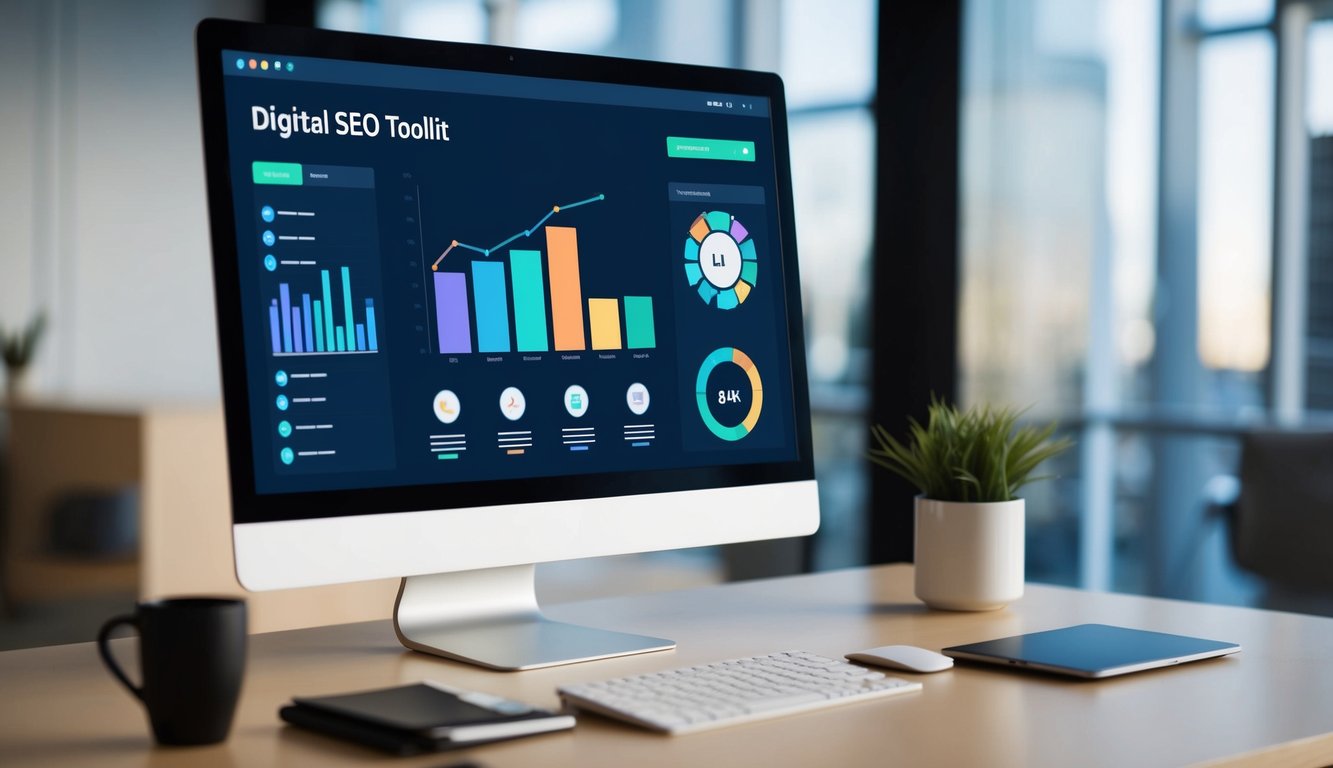 A computer screen displaying a digital toolkit with various AI SEO tools and a graph showing a website's visibility increasing on search engine results pages