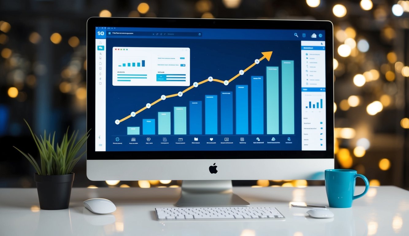 A computer screen displaying a sleek, modern interface with various SEO tools and features. A graph showing a website's rise to the top of search engine results