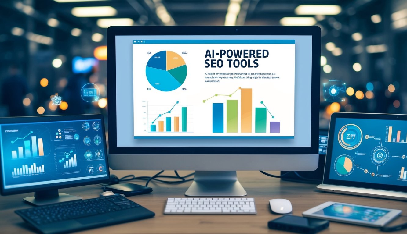 A computer monitor displaying a comparison of AI-powered SEO tools with graphs and charts, surrounded by various technological devices