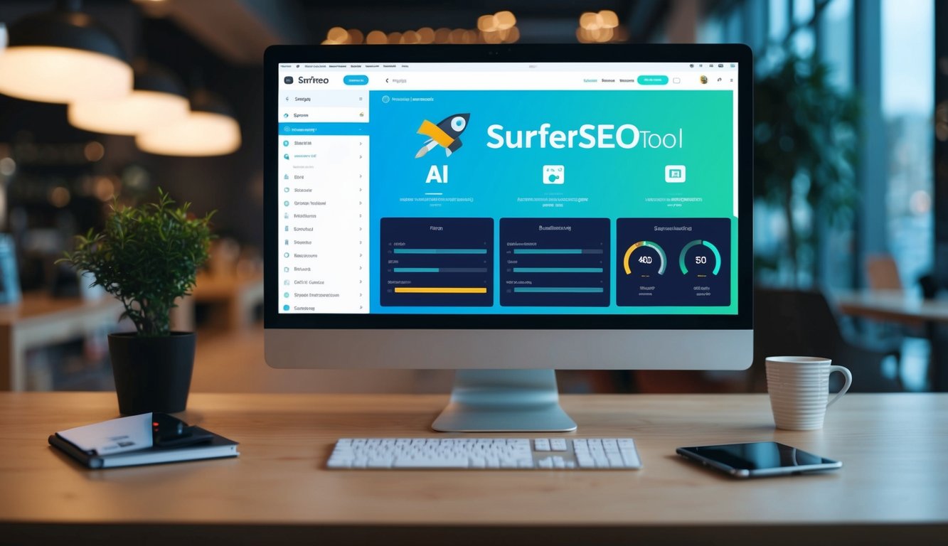 A computer screen displaying SurferSEO tool interface with AI optimization features active