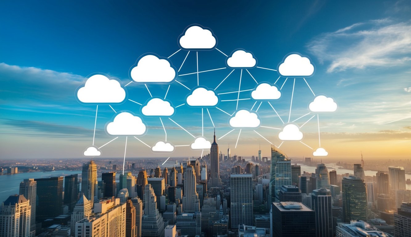 A bustling city skyline with interconnected cloud icons representing the advantages and challenges of B2B SaaS