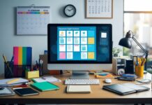 5 Marketing Productivity Tools That Save Me Hours Every Week A cluttered desk with a computer, notebook, and various office supplies. A calendar and clock on the wall. An organized digital content management system on the screen