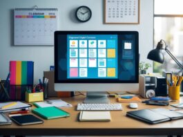 A cluttered desk with a computer, notebook, and various office supplies. A calendar and clock on the wall. An organized digital content management system on the screen