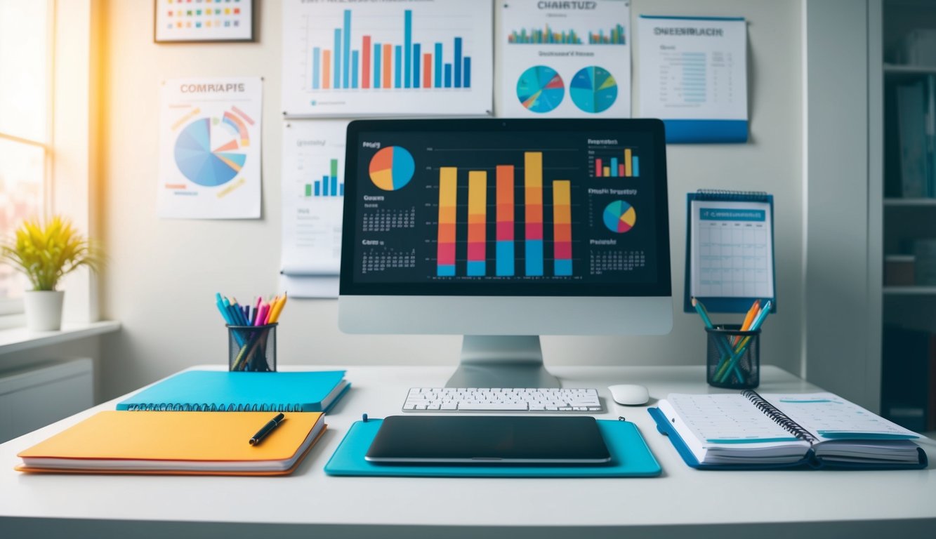 A desk with a computer, notebook, and pen. Charts and graphs on the wall. A calendar and planner open on the desk