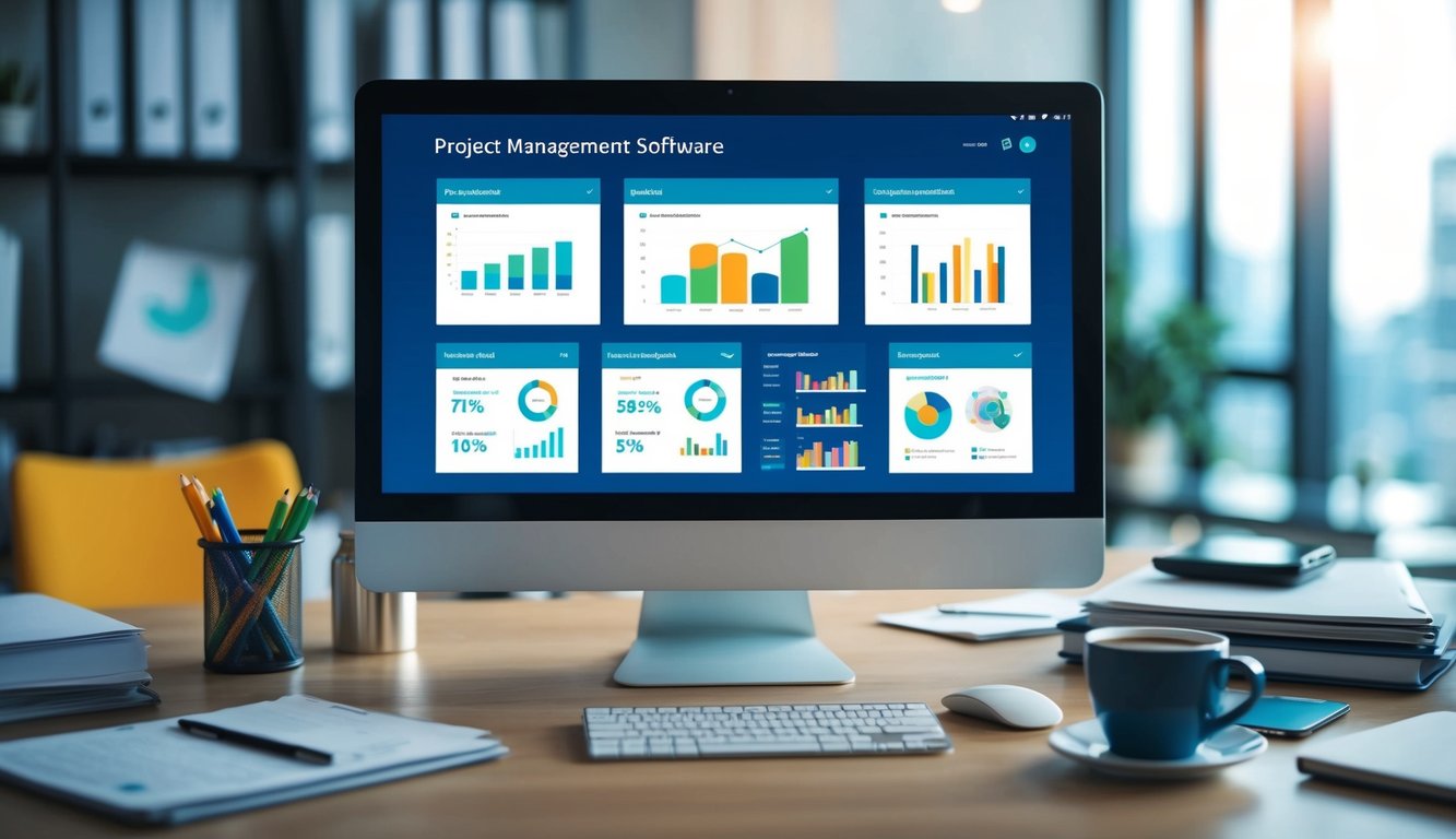 A computer screen displaying a project management software dashboard with various charts and graphs, surrounded by office supplies and a cup of coffee