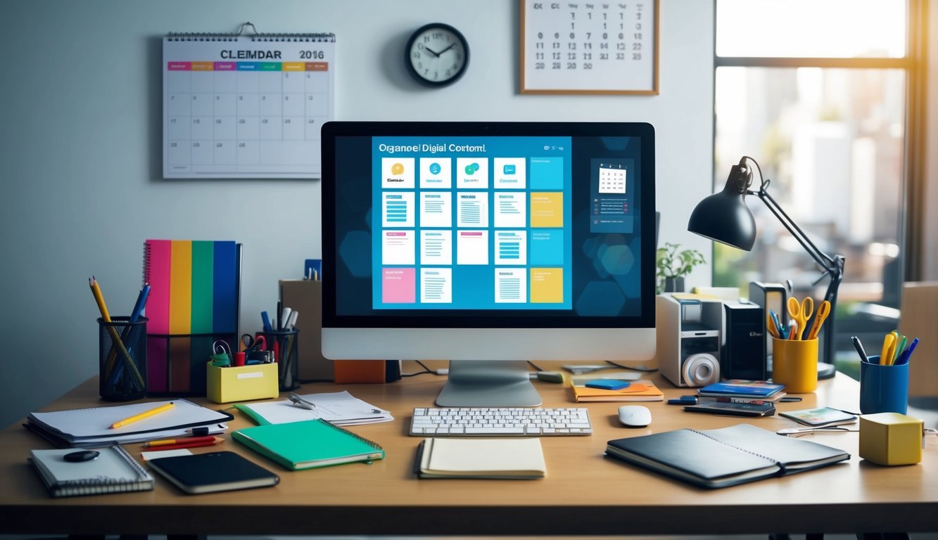 A cluttered desk with a computer, notebook, and various office supplies. A calendar and clock on the wall. An organized digital content management system on the screen