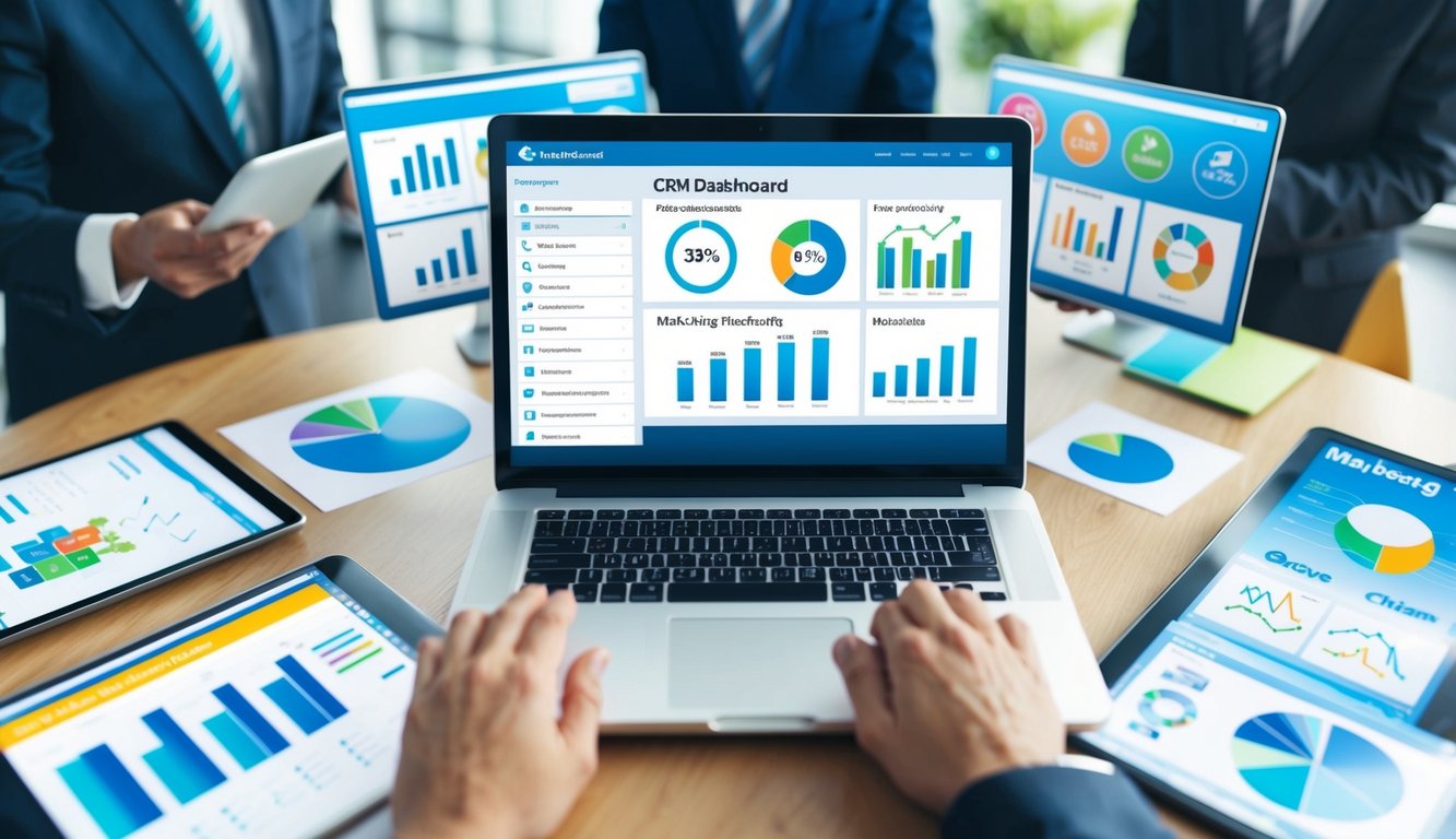 A laptop displaying a CRM dashboard with various marketing productivity tools open, surrounded by charts and graphs