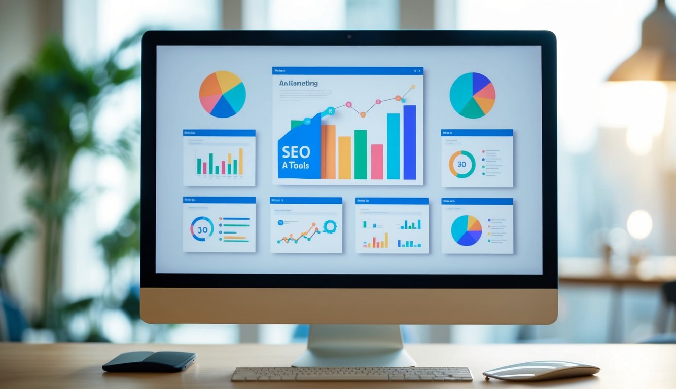 A computer screen displaying various AI SEO tools with ranking graphs and automation features