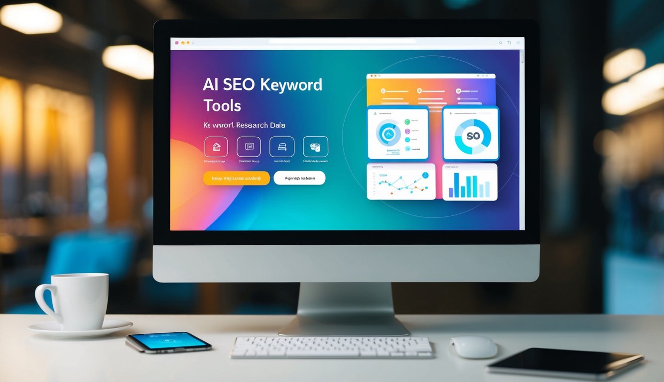 A computer screen displaying various AI SEO tools with keyword research data