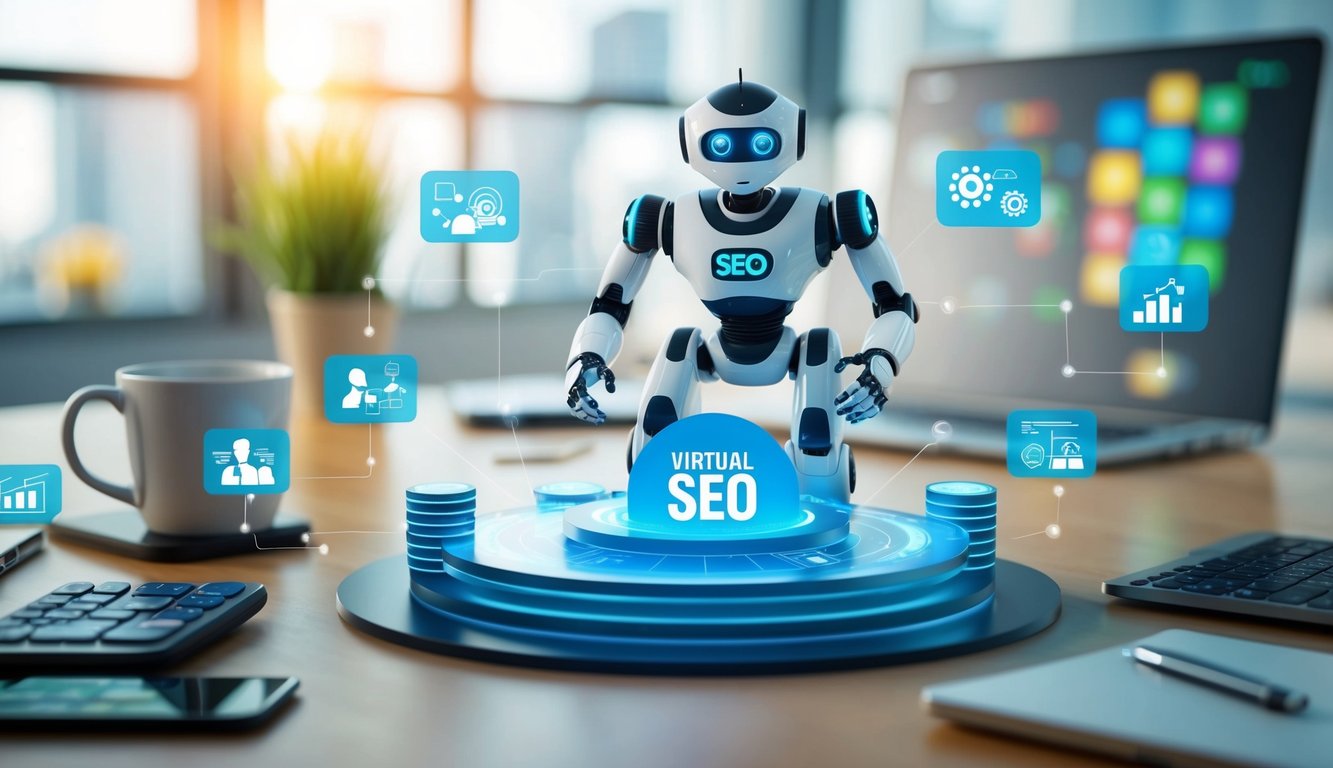 An AI-powered robot scales up a virtual SEO landscape, surrounded by various productivity tools