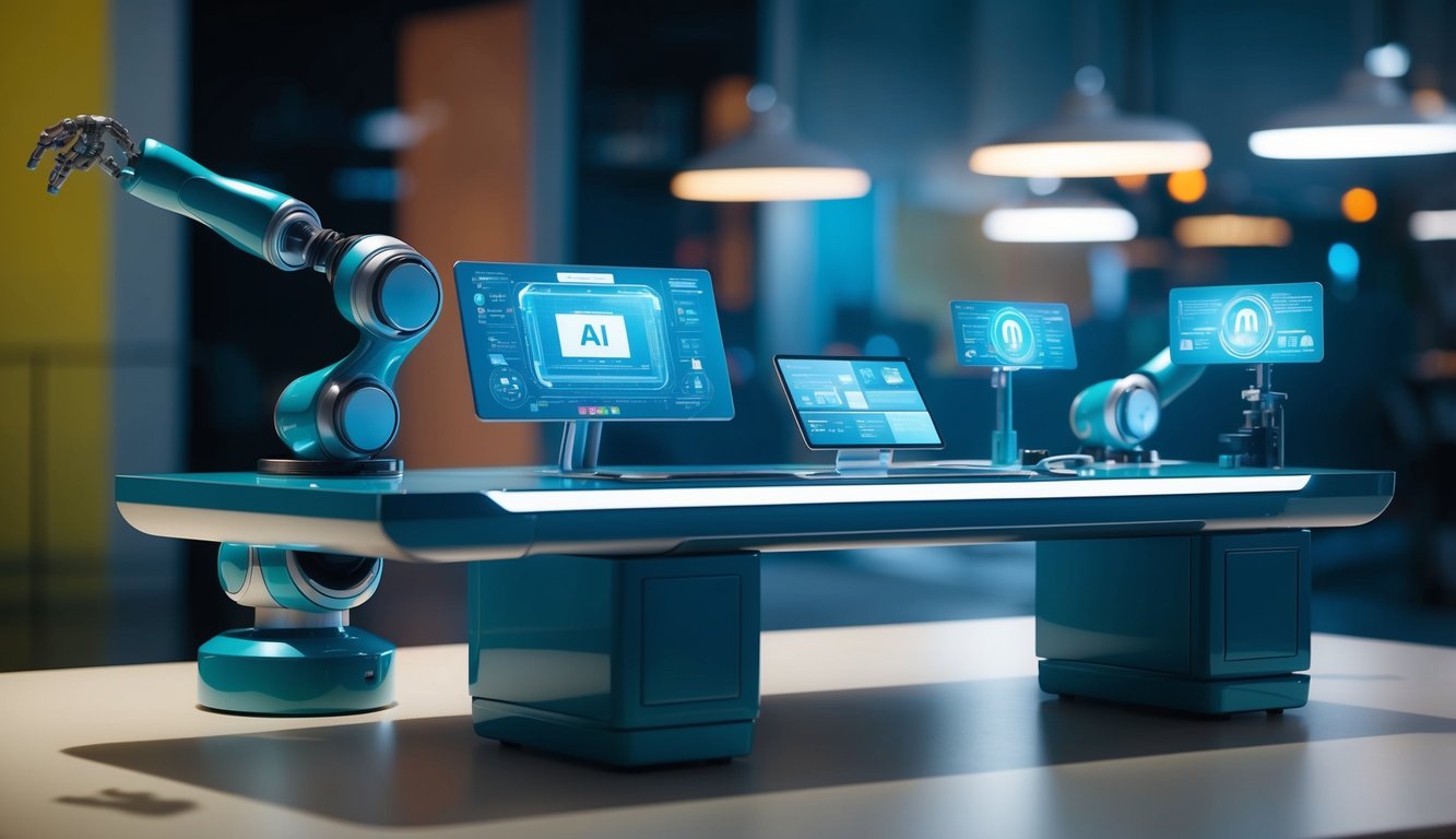 A futuristic desk with AI-powered tools, holographic displays, and robotic arms