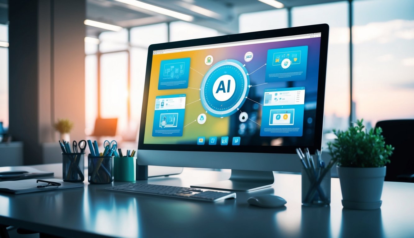 A sleek, modern office desk with a computer screen displaying various AI-powered productivity tools, surrounded by office supplies and a potted plant