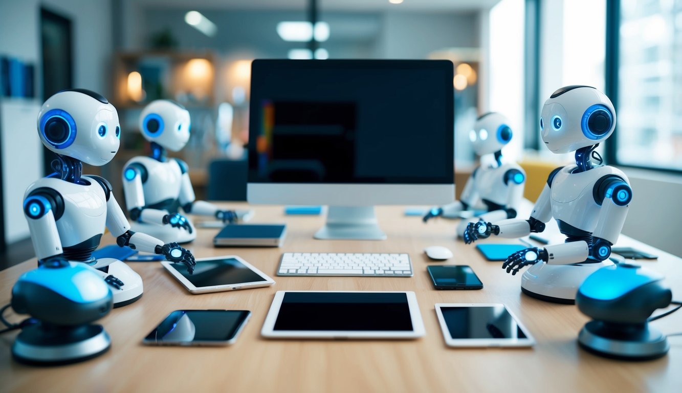 An office desk with a computer, tablet, and smartphone surrounded by AI-powered robots and machines working together to enhance efficiency