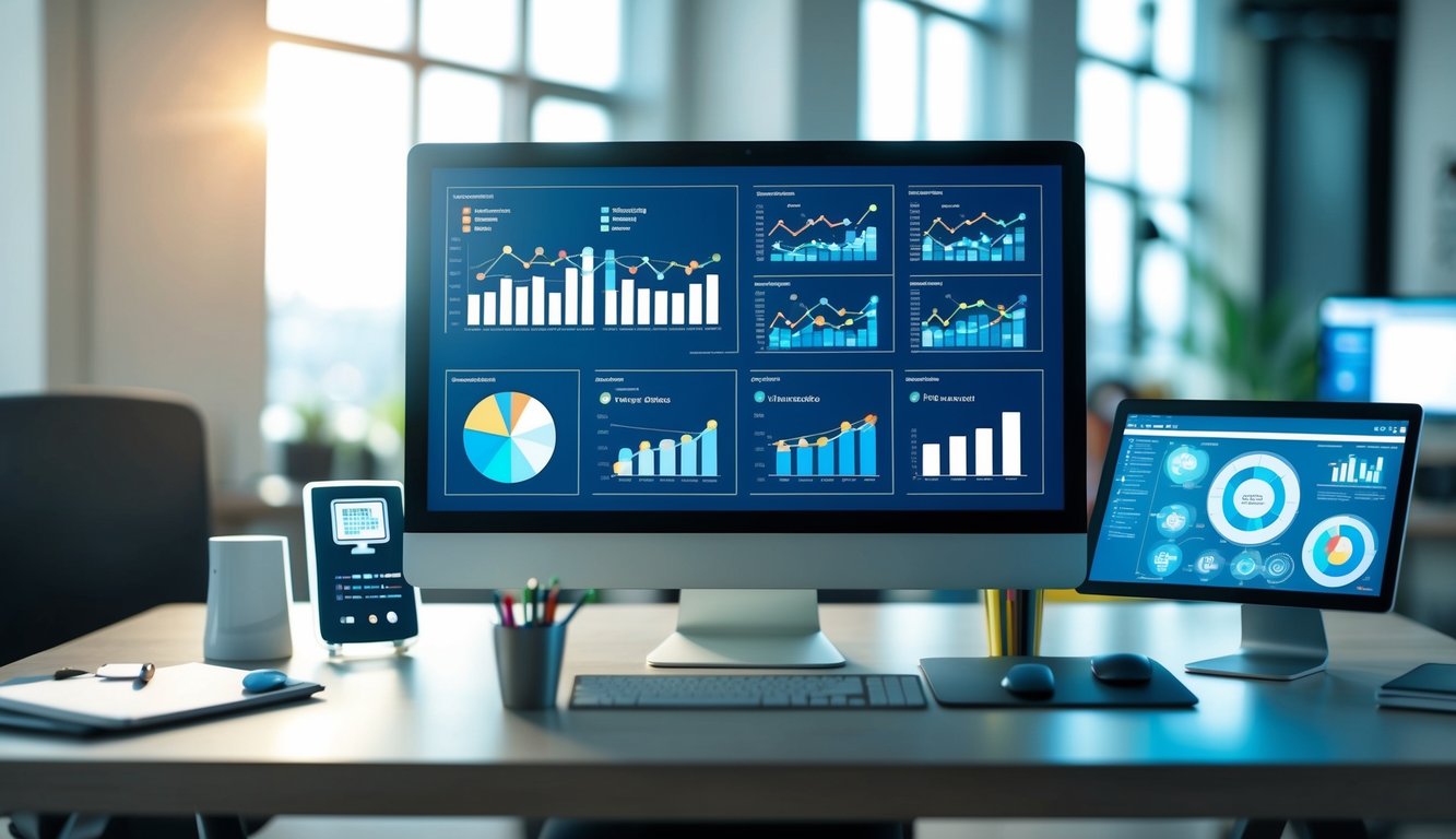 A modern office desk with a computer monitor displaying data analysis charts and graphs, surrounded by AI-powered productivity tools such as a virtual assistant and automated data processing software