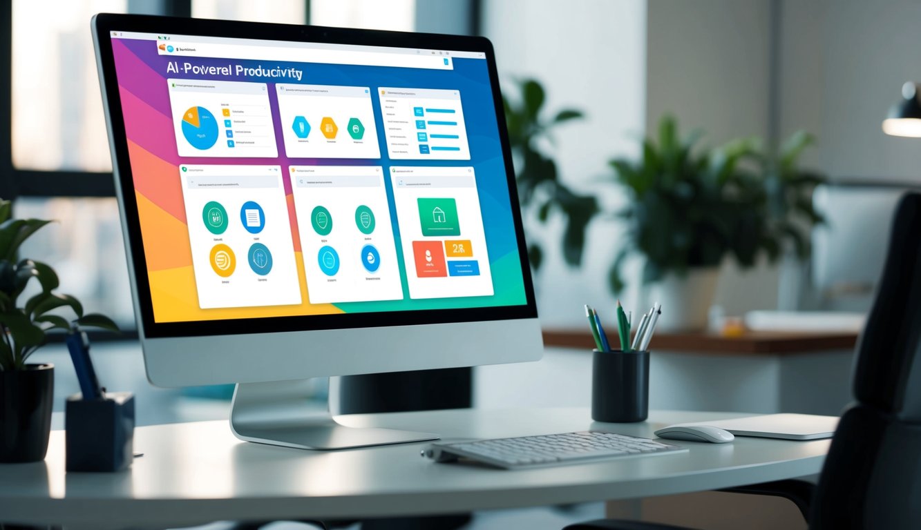 A sleek, modern office desk with a computer screen displaying various AI-powered productivity applications. A stylized pen holder and a potted plant add to the professional atmosphere