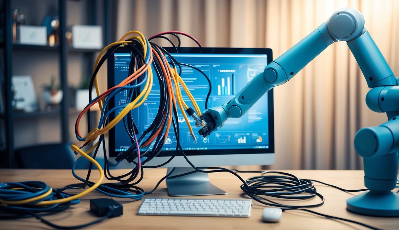 A group of tangled wires and cords surround a computer monitor, while a robotic arm attempts to connect them to various AI-powered productivity tools