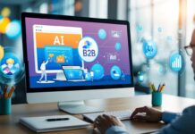 B2B AI Tools for Maximizing Productivity and Reducing Costs A computer screen displays various AI B2B tools in action, while data streams and charts illustrate the concept of optimizing online presence