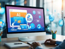 A computer screen displays various AI B2B tools in action, while data streams and charts illustrate the concept of optimizing online presence